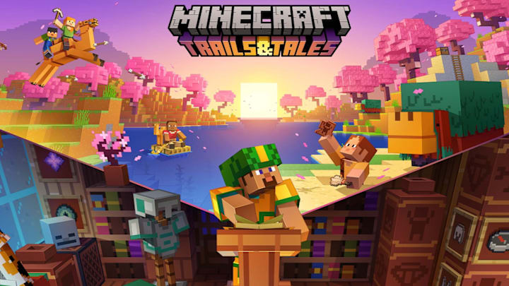 Steve dressed in green and yellow armor with a store room below him and a cherry blossom biome at sunset above him.