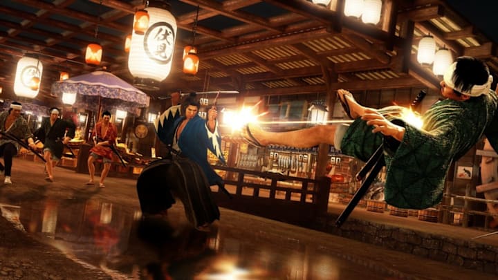 A man dressed in Japanese garb shooting another man who is being blown backwards.