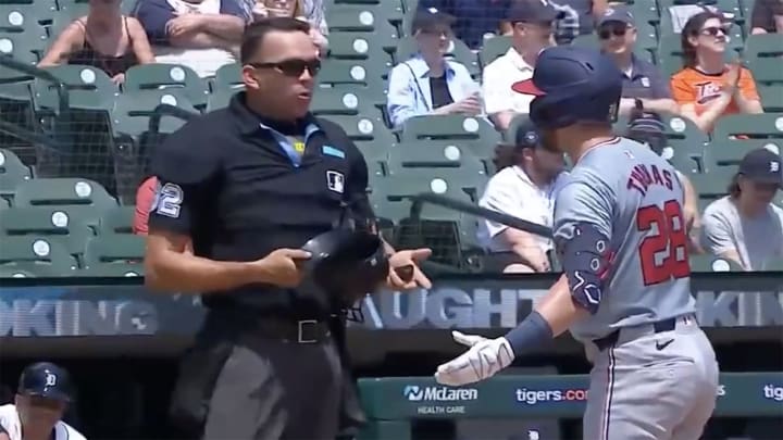 Lane Thomas argues with umpire Emil Jimenez during the Nationals' game against the Tigers on Thursday. Lane Thomas argues with umpire Emil Jimenez during the Nationals' game against the Tigers on Thursday.