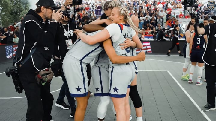 Hailey Van Lith celebrates winning the FIBA 3x3 world championship with her Team USA teammates.