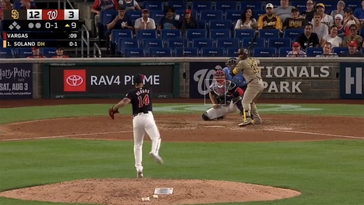 Ildemaro Vargas throws a pitch in the ninth inning of the Nationals' tilt against the Padres.