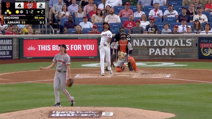 CJ Abrams hits a home run off Giants starting pitcher Hayden Birdsong on Tuesday at Nationals Park.