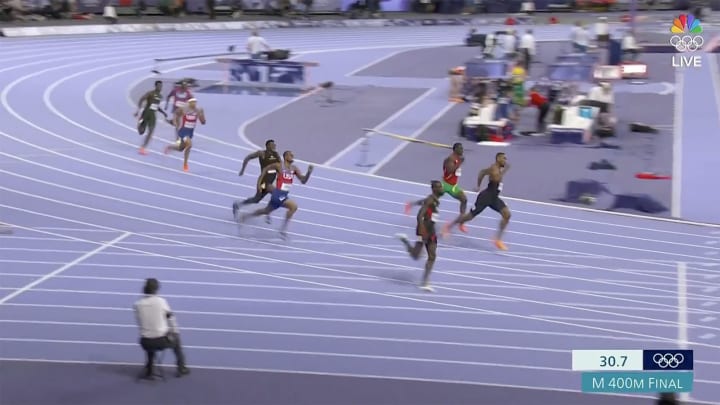 Quincy Hall makes the final turn in the men's 400-meter final at the 2024 Olympic Games in Paris.