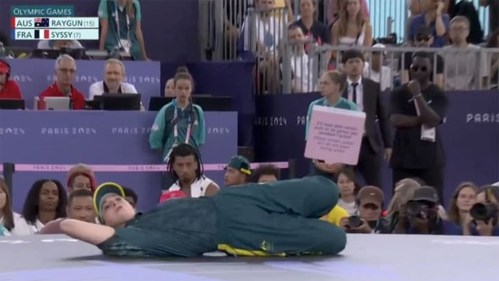 Australian B-girl Rachael Gunn, or Raygun, performs during the breaking competition at the 2024 Olympic Games in Paris.