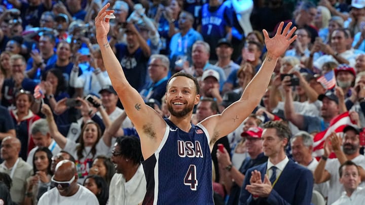 Steph Curry celebrates Team USA beating France 98–87 in the gold medal game at the 2024 Olympics in Paris.