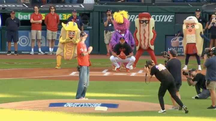 Machine Gun Kelly threw the first pitch ahead of the Cleveland Guardians' matchup against the Chicago Cubs at Progressive Field.