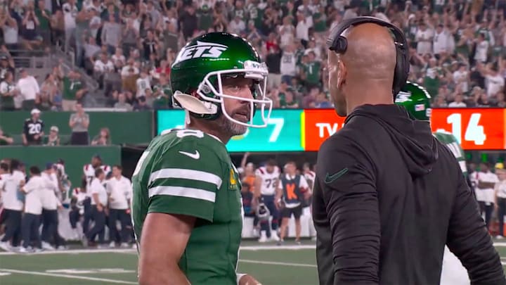 Rodgers greeted Saleh on the sidelines after the Jets took a 14–0 lead Thursday night. Rodgers greeted Saleh on the sidelines after the Jets took a 14–0 lead Thursday night.