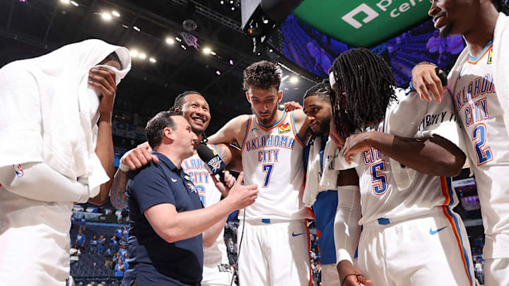 Chet Holmgren and the Thunder are interviewed by Nick Gallo after a playoff win over the Mavericks in May. Chet Holmgren and the Thunder are interviewed by Nick Gallo after a playoff win over the Mavericks in May.
