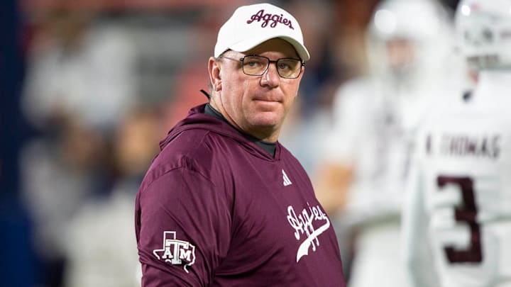 Texas A&M coach Mike Elko looks on prior to a game against Auburn.