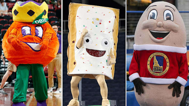 From left to right: Mascots from the Orange Bowl, Pop-Tarts Bowl and Famous Idaho Potato Bowl.