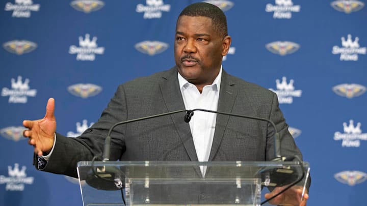 Pelicans executive vice president of basketball operations Joe Dumars speaks to the media during a press conference in April.