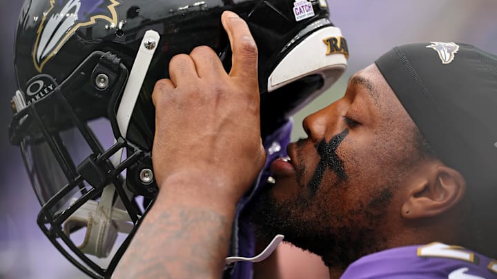 Running back Derrick Henry #22 of the Baltimore Ravens looks on against the Los Angeles Rams at M&T Bank Stadium