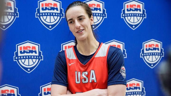Caitlin Clark speaks to the media during the United States Women's Basketball Team training camp at Duke on Friday. Caitlin Clark speaks to the media during the United States Women's Basketball Team training camp at Duke on Friday.