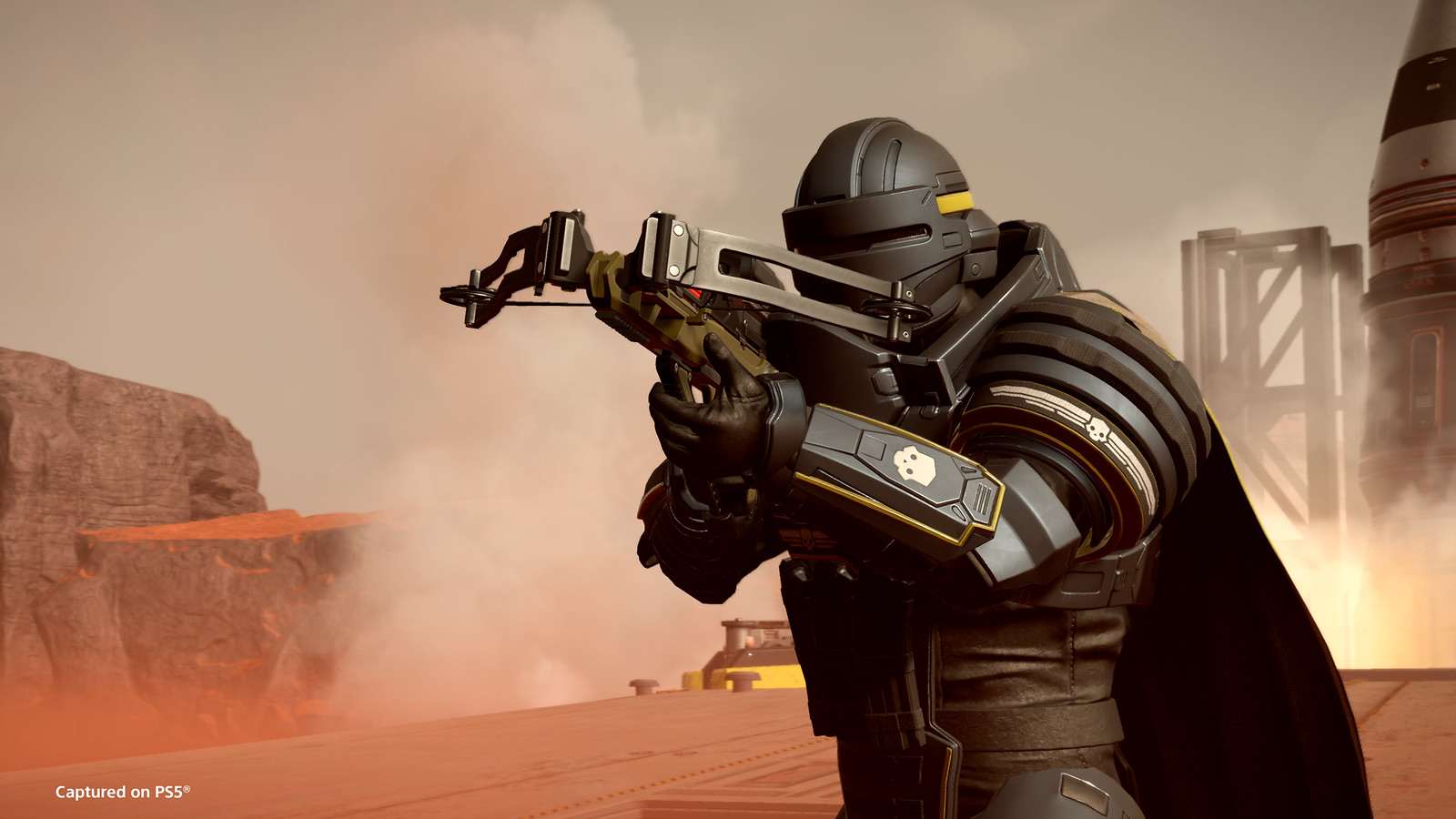Helldivers 2 screenshot showing a Helldiver wield a crossbow.