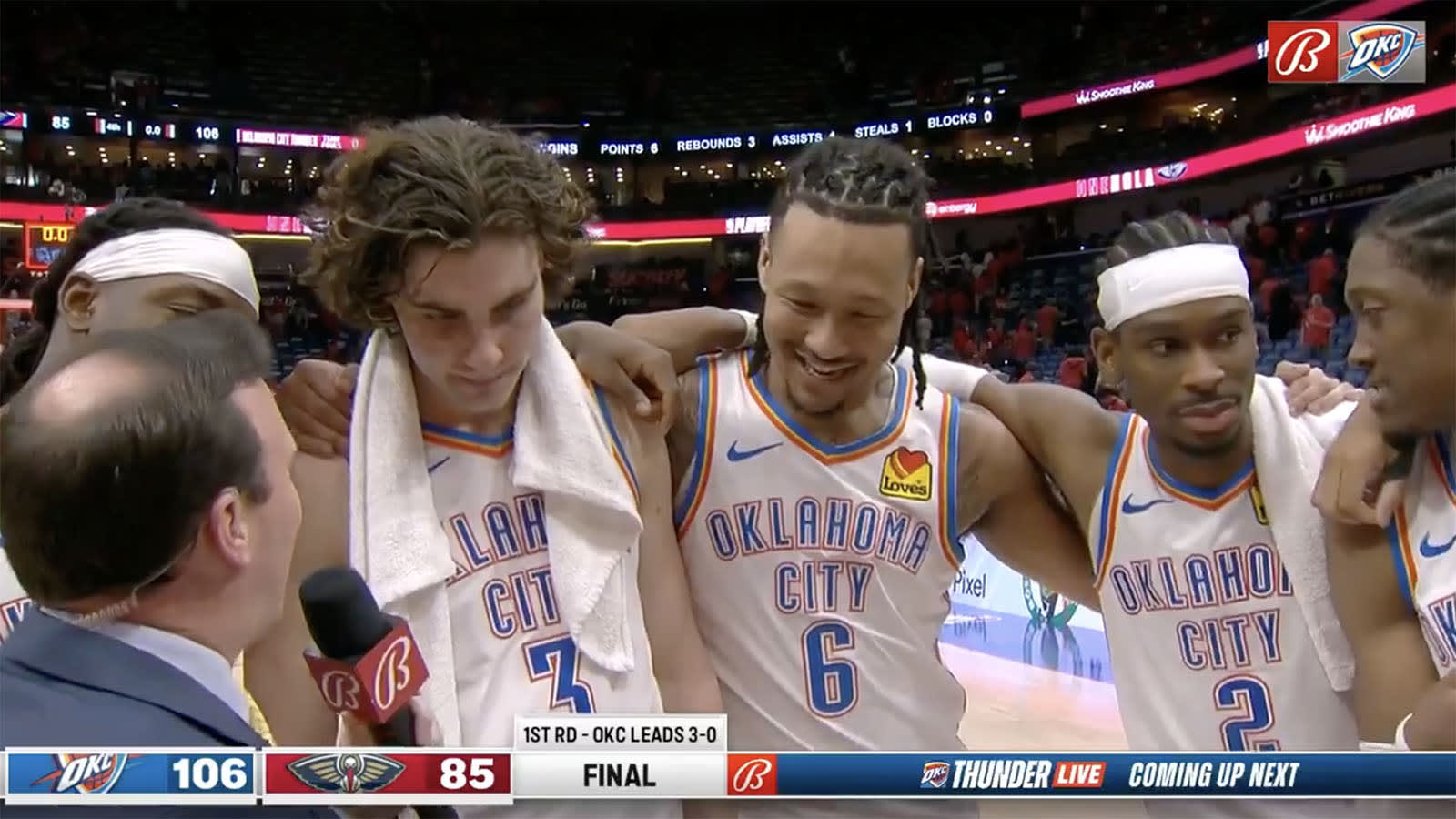 Thunder teammates join Josh Giddey for a postgame interview