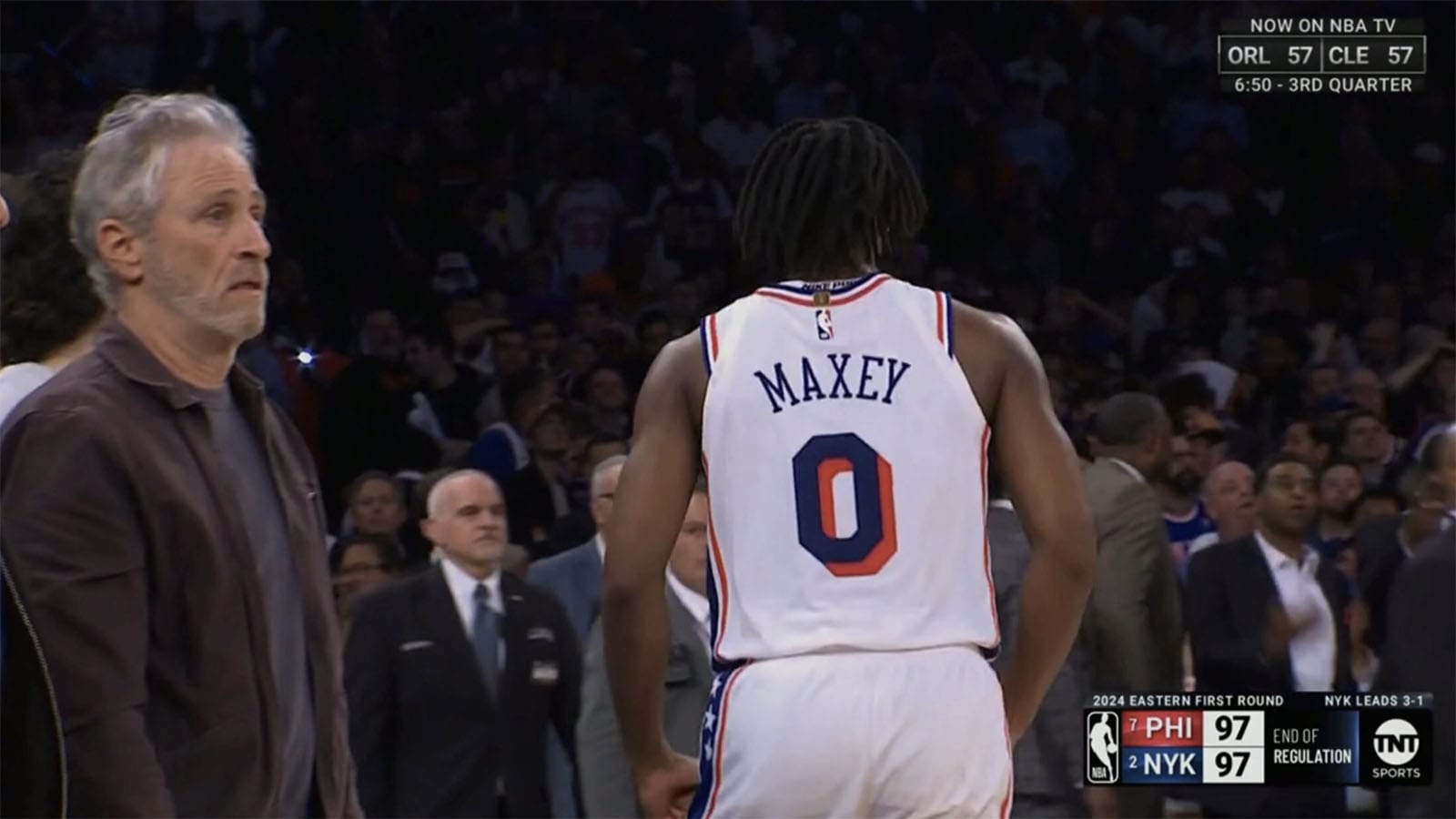 Jon Stewart Addresses Viral Reaction to Tyrese Maxey’s Late-Game Flurry vs. Knicks