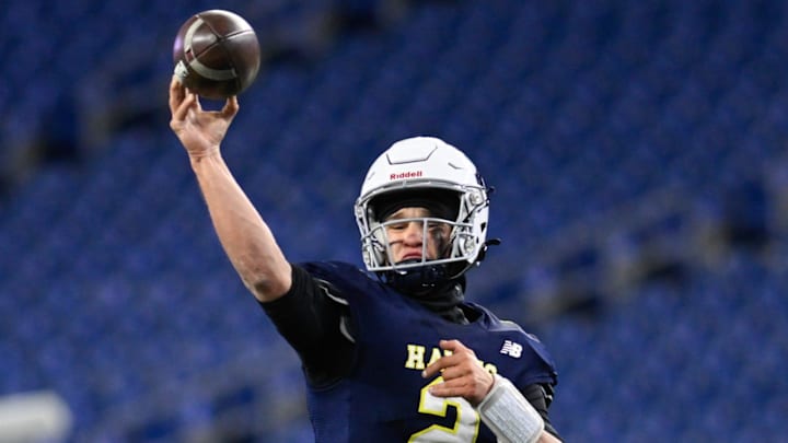 Xaverian sophomore quarterback Will Wood passes the ball during the MIAA Division 1 Super Bowl game against Needham at Gillette Stadium, Thursday, Dec. 5, 2024. Xaverian defeated Needham, 14-7, to become the Division 1 state champions.