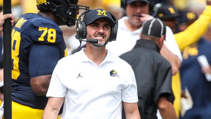 Michigan interim head coach Jesse Minter watches a play against East Carolina during the second half of U-M's 30-3 win on Saturday, Sept. 2, 2023, at Michigan Stadium.