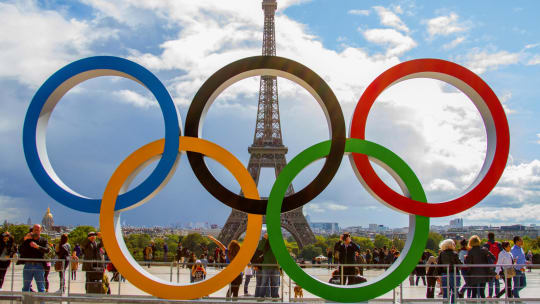 Olympic rings displayed in front of the Eiffel Tower ahead of the 2024 Paris Olympics.