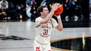 Nebraska guard Cale Jacobsen shoots against Boise State in the semifinals of the College Basketball Crown in Las Vegas.
