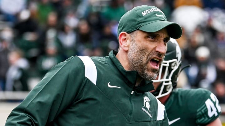 Michigan State's defensive coordinator Joe Rossi works with the linebackers during the Spring Showcase on Saturday, April 20, 2024, at Spartan Stadium in East Lansing.