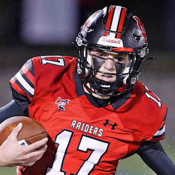 Raiders QB Mikey Galligan scrambles out of the pocket.
The North Quincy Raiders football hosted the Scituate Sailors at Veterans Stadium on Friday, Oct. 20, 2023