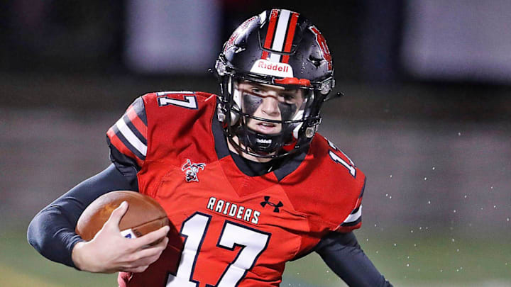 Raiders QB Mikey Galligan scrambles out of the pocket.
The North Quincy Raiders football hosted the Scituate Sailors at Veterans Stadium on Friday, Oct. 20, 2023