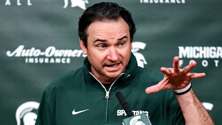Michigan State coach Jonathan Smith talks the media on the first national signing day for college football recruits Wednesday, Dec. 4, 2024, at Spartan Stadium in East Lansing.