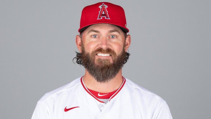 Mar 1, 2021; Tempe, AZ, USA; Los Angeles Angels Jeremy Reed #77 poses during media day at Tempe