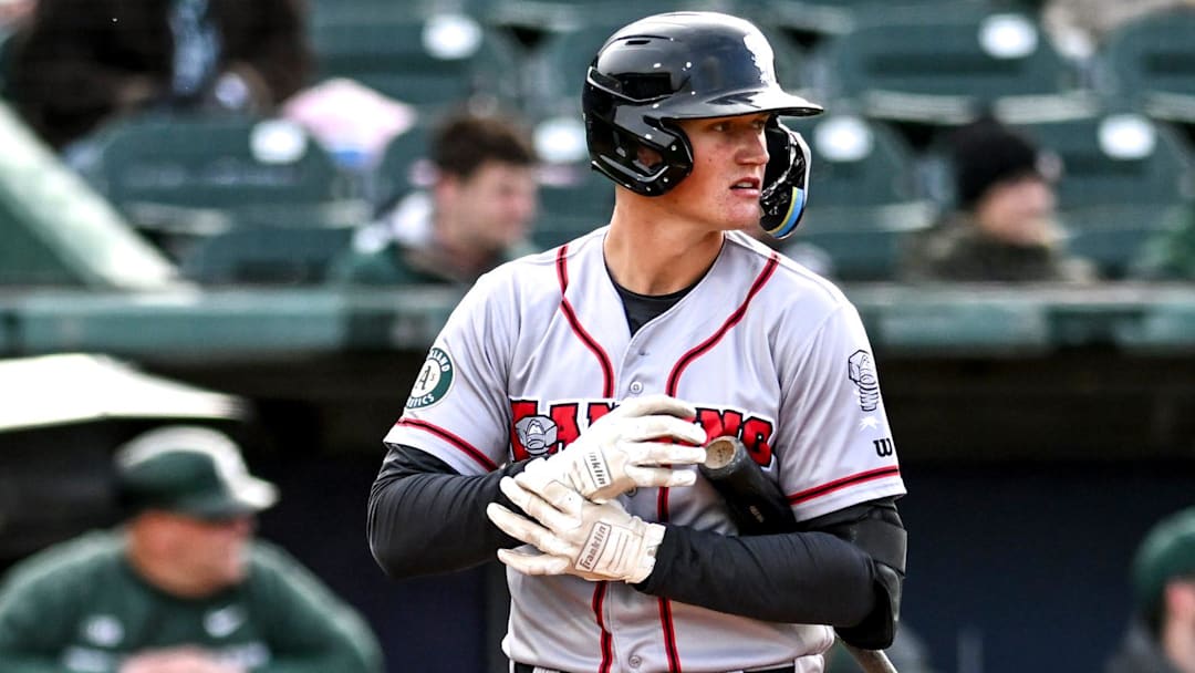 Lugnuts' Will Simpson prepares to bat against Michigan State in the first inning on Wednesday, April 3, 2024, during the Crosstown Showdown at Jackson Field in Lansing.