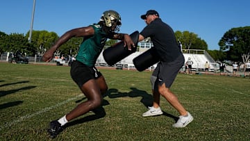 St. John Neumann High School football player Jayden Petit completes practice drills Tuesday morning July 29, 2025.