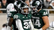 Michigan State's Aveon Grose celebrates after a special teams tackle against Penn State during the third quarter on Saturday, Nov. 15, 2025, at Spartan Stadium in East Lansing.