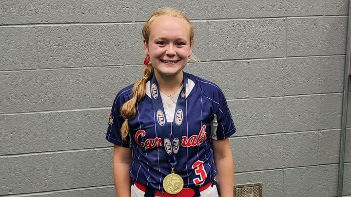 Rylee Kulbatsky of DuBois Central Catholic poses with her gold medal after pitching the Cardinals to the 2024 PIAA Class 1A state championship. 