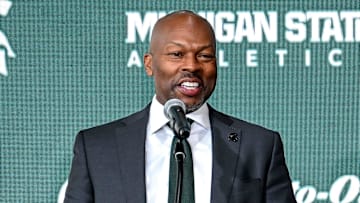 Michigan State Athletic Director Alan Haller speaks during an introductory press conference for new volleyball coach Kristen Kelsay on Wednesday, Jan. 8, 2025, at the Breslin Center in East Lansing.