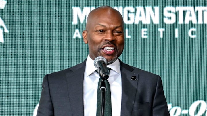 Michigan State Athletic Director Alan Haller speaks during an introductory press conference for new volleyball coach Kristen Kelsay on Wednesday, Jan. 8, 2025, at the Breslin Center in East Lansing.