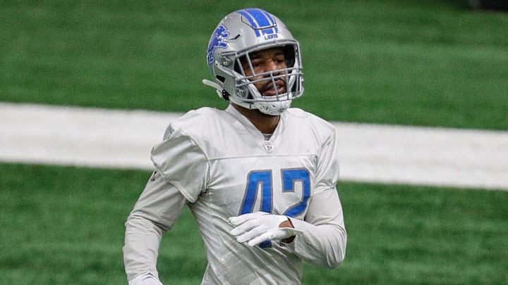 Detroit Lions linebacker Jalen Reeves-Maybin at practice at Detroit Lions headquarters and training facility in Allen Park on Thursday, Jan. 25, 2024.