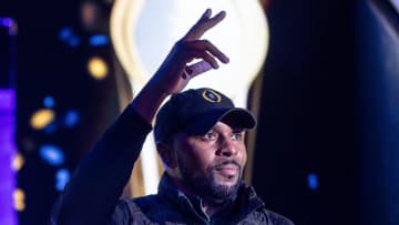 Jan 13, 2024; Ann Arbor, MI, USA; Michigan offensive coordinator Sherrone Moore is introduced during the national championship celebration at Crisler Center in Ann Arbor on Saturday, Jan. 13, 2024. Mandatory Credit: Junfu Han-USA TODAY Sports