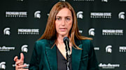 Michigan State's head coach Robyn Fralick speaks during women's basketball media day on Tuesday, Oct. 21, 2025, at the Breslin Center in East Lansing.