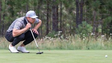 Joe Pavelski lines up a putt during the final round of the American Century Celebrity Championship golf tournament at Edgewood Tahoe Golf Course in Stateline, Nev., Sunday, July 14, 2024.
