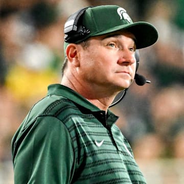 Michigan State's head coach Jonathan Smith looks on during the fourth quarter in the game against Florida Atlantic on Friday, Aug. 30, 2024, at Spartan Stadium in East Lansing.