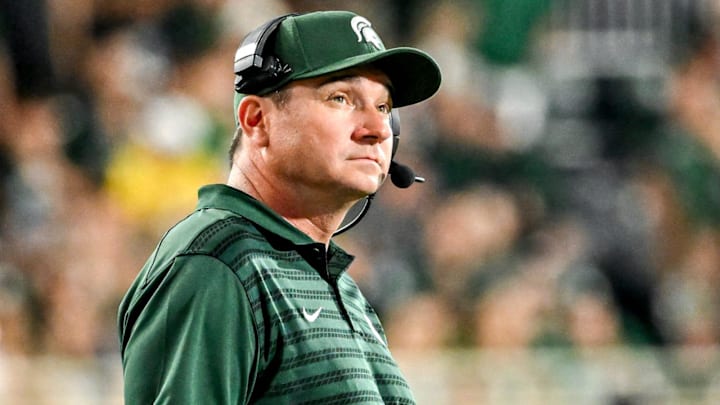 Michigan State's head coach Jonathan Smith looks on during the fourth quarter in the game against Florida Atlantic on Friday, Aug. 30, 2024, at Spartan Stadium in East Lansing.