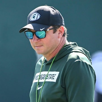 Michigan State football head coach Jonathan Smith looks on during practice on Monday, Aug. 11, 2025, in East Lansing.