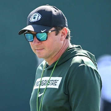 Michigan State football head coach Jonathan Smith looks on during practice on Monday, Aug. 11, 2025, in East Lansing.
