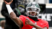 Michigan State's Aidan Chiles throws a pass during the Spring Showcase on Saturday, April 20, 2024, at Spartan Stadium in East Lansing.