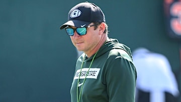 Michigan State football head coach Jonathan Smith looks on during practice on Monday, Aug. 11, 2025, in East Lansing.