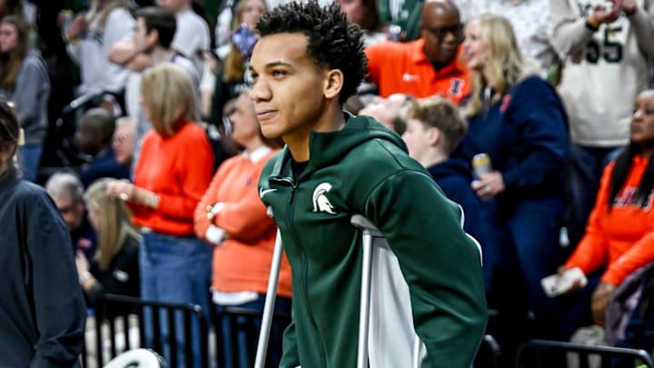 Michigan State's Divine Ugochukwu looks on during team warmups before the game against Illinois on Saturday, Feb. 7, 2026, at the Breslin Center in East Lansing.