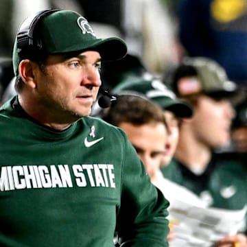 Michigan State's head coach Jonathan Smith looks on during the second quarter in the game against Michigan on Saturday, Oct. 25, 2025, at Spartan Stadium in East Lansing.