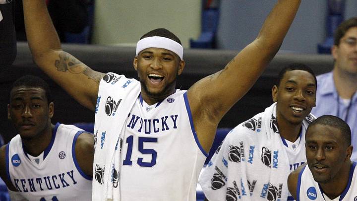 Mar 18, 2010; New Orleans, LA, USA; Kentucky Wildcats guard John Wall (11) and forward DeMarcus Cousins (15) and forward Patrick Patterson (54) react from the bench near the end of the game against the East Tennessee Buccaneers in the first round of the 2010 NCAA mens basketball tournament at the New Orleans Arena. Kentucky won 100-71.Mandatory Credit: Crystal LoGiudice-Imagn Images
