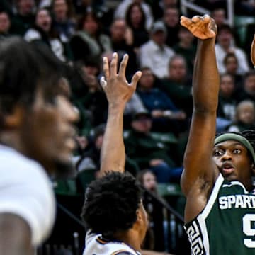 Michigan State's Trey Fort shoots against San Jose State during the first half on Thursday, Nov. 13, 2025, at the Breslin Center in East Lansing.