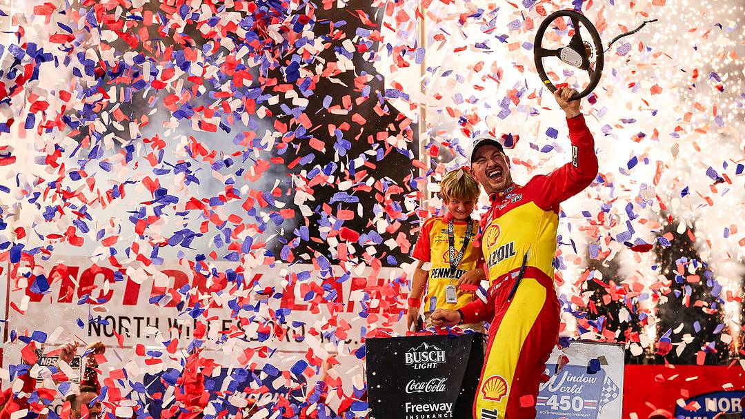 Joey Logano celebrates a dominant win in Sunday's NASCAR Cup Series Window World 450 at North Wilkesboro Speedway. Joey Logano celebrates a dominant win in Sunday's NASCAR Cup Series Window World 450 at North Wilkesboro Speedway.
